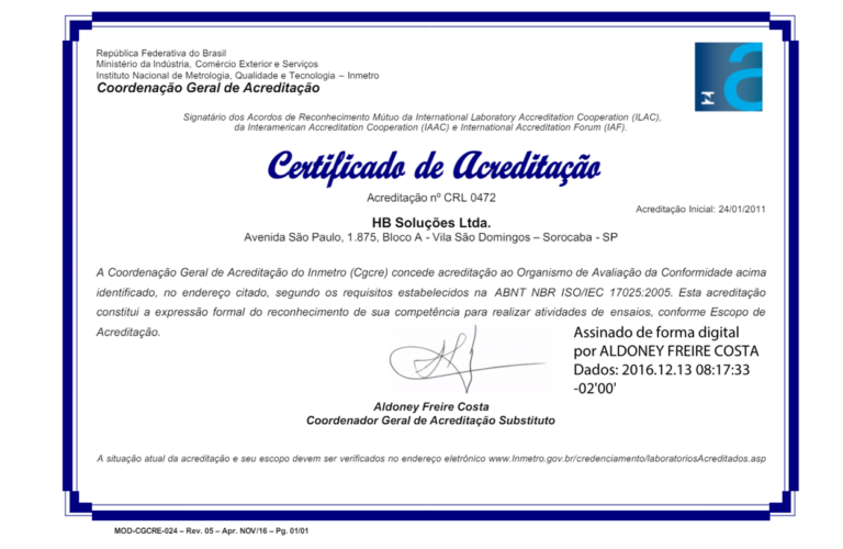 Certificado de Acreditação do Inmetro nº CRL 0472 emitido para HB Soluções Ltda.