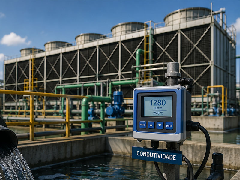 Sistema automático de drenagem e purga em torre de resfriamento industrial com controlador de condutividade