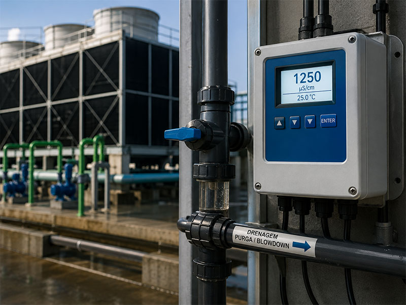 Monitoramento de condutividade em torre de resfriamento industrial para controle automático da purga