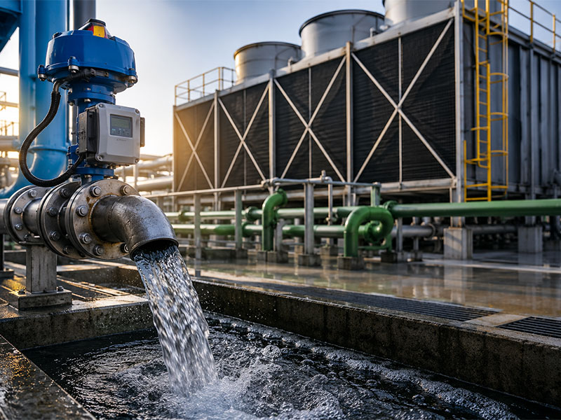 Controle de drenagem em torre de resfriamento industrial com descarte controlado de água e sistema automatizado de purga