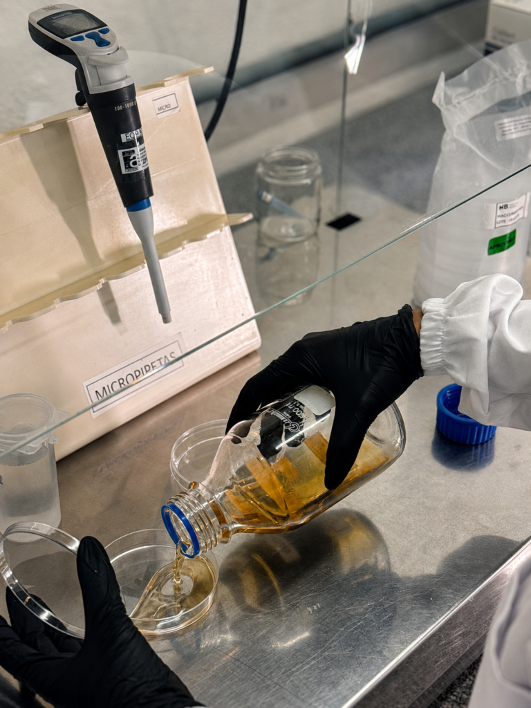 Técnica do laboratório HB vertendo amostra de efluente industrial em placa de Petri